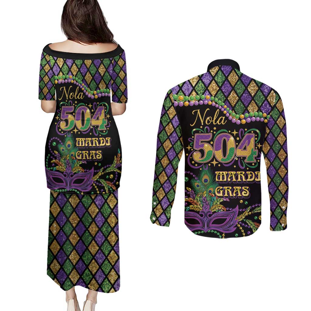 Mardi Gras 504 Nola New Orleans Couples Matching Puletasi and Long Sleeve Button Shirt Mask Up Beads Out - Wonder Print Shop