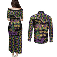 Mardi Gras 504 Nola New Orleans Couples Matching Puletasi and Long Sleeve Button Shirt Mask Up Beads Out - Wonder Print Shop