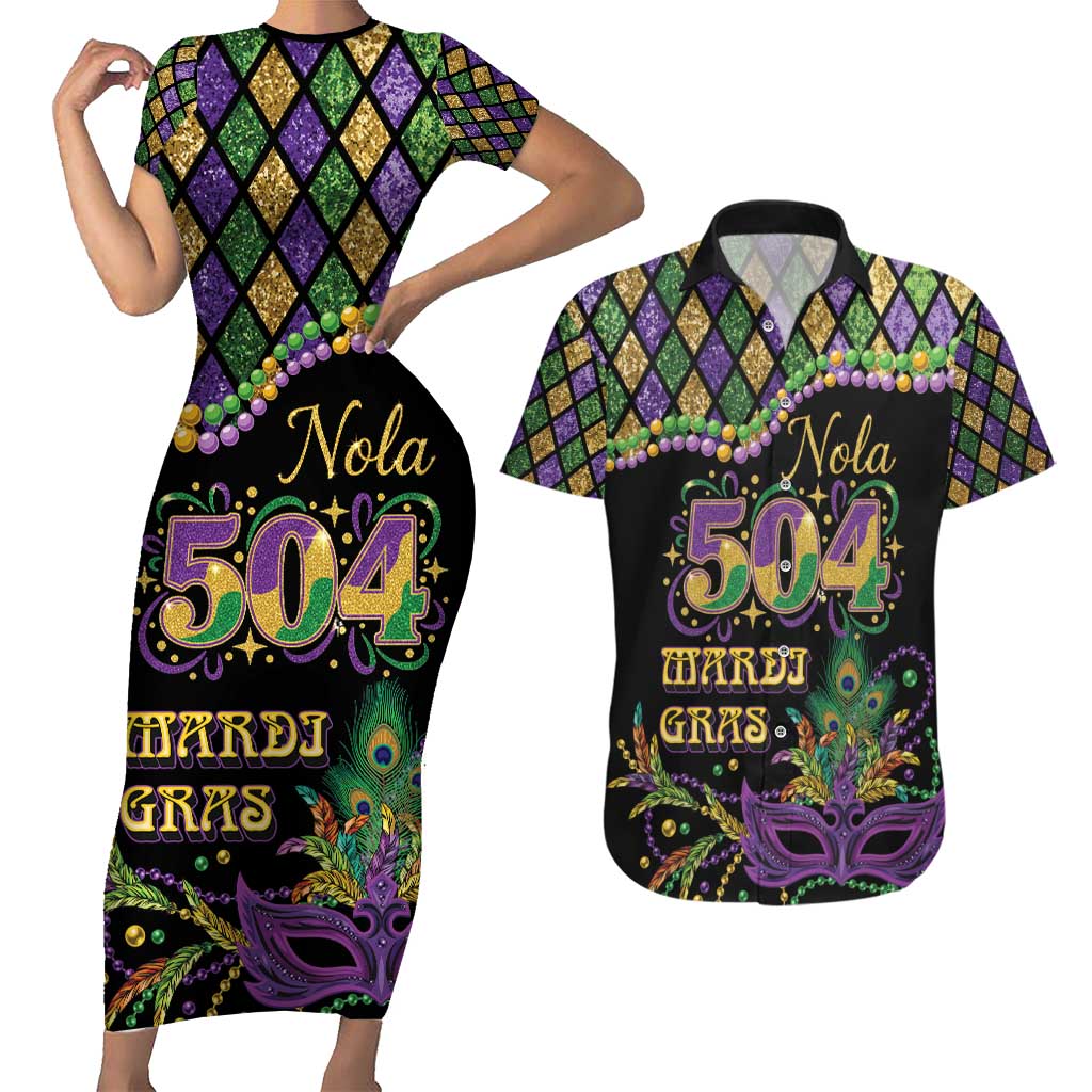 Mardi Gras 504 Nola New Orleans Couples Matching Short Sleeve Bodycon Dress and Hawaiian Shirt Mask Up Beads Out - Wonder Print Shop