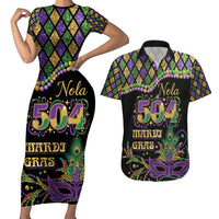 Mardi Gras 504 Nola New Orleans Couples Matching Short Sleeve Bodycon Dress and Hawaiian Shirt Mask Up Beads Out - Wonder Print Shop