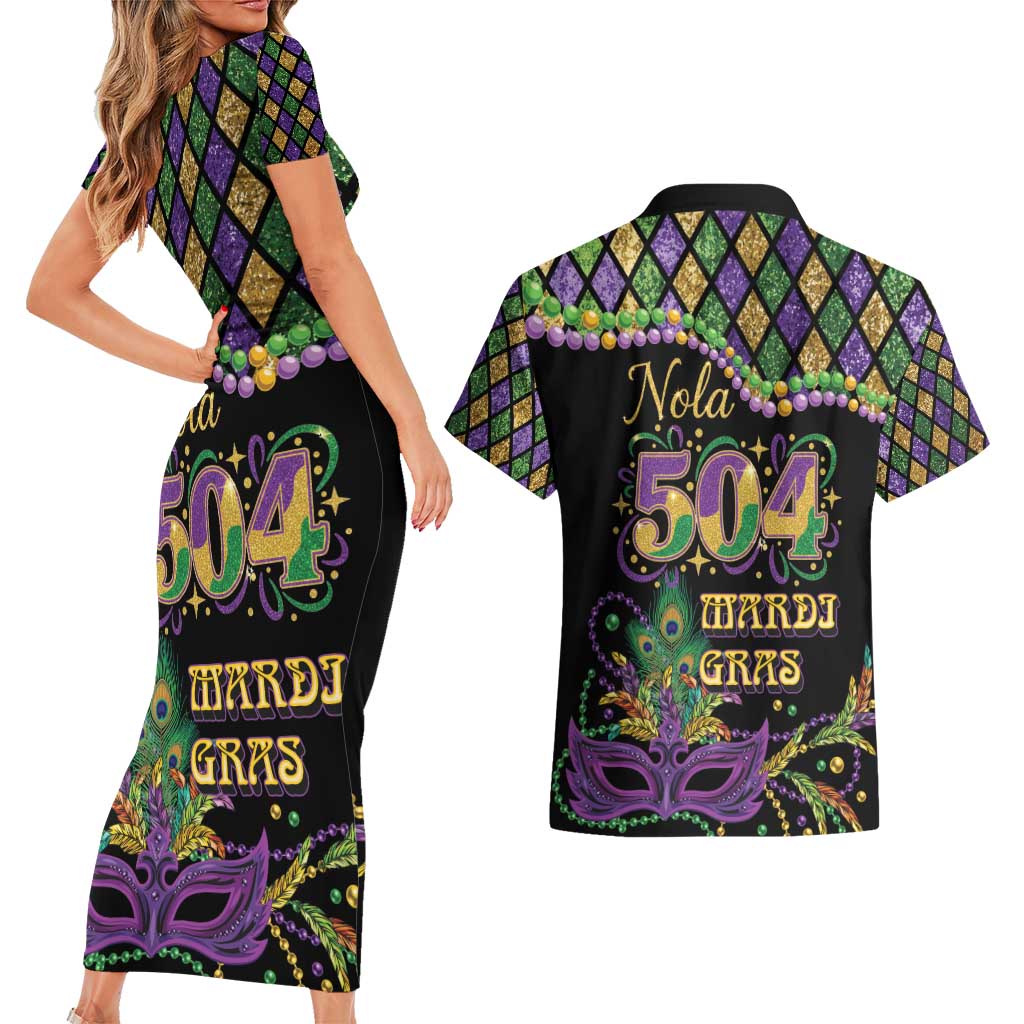 Mardi Gras 504 Nola New Orleans Couples Matching Short Sleeve Bodycon Dress and Hawaiian Shirt Mask Up Beads Out - Wonder Print Shop