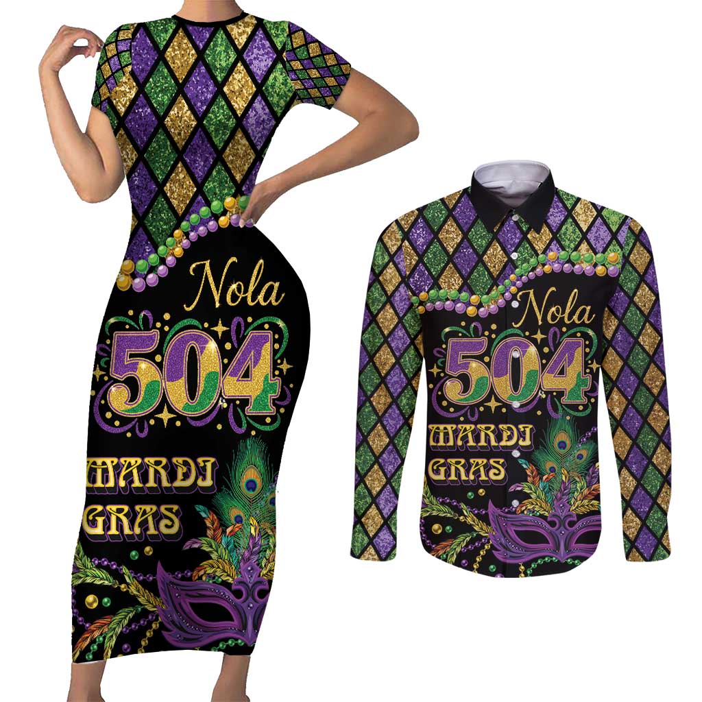 Mardi Gras 504 Nola New Orleans Couples Matching Short Sleeve Bodycon Dress and Long Sleeve Button Shirt Mask Up Beads Out - Wonder Print Shop