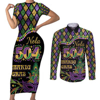 Mardi Gras 504 Nola New Orleans Couples Matching Short Sleeve Bodycon Dress and Long Sleeve Button Shirt Mask Up Beads Out - Wonder Print Shop