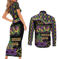 Mardi Gras 504 Nola New Orleans Couples Matching Short Sleeve Bodycon Dress and Long Sleeve Button Shirt Mask Up Beads Out - Wonder Print Shop