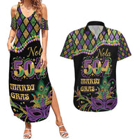 Mardi Gras 504 Nola New Orleans Couples Matching Summer Maxi Dress and Hawaiian Shirt Mask Up Beads Out - Wonder Print Shop