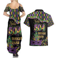Mardi Gras 504 Nola New Orleans Couples Matching Summer Maxi Dress and Hawaiian Shirt Mask Up Beads Out - Wonder Print Shop