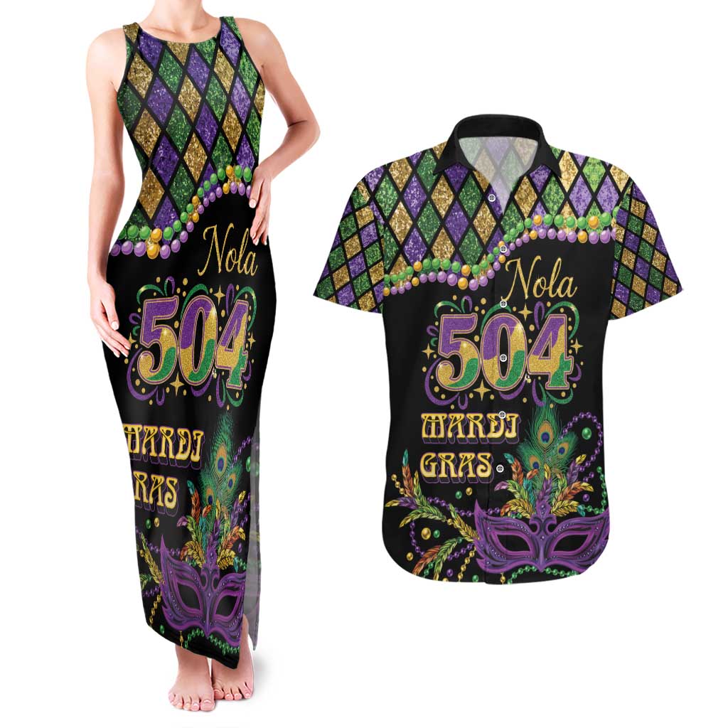 Mardi Gras 504 Nola New Orleans Couples Matching Tank Maxi Dress and Hawaiian Shirt Mask Up Beads Out - Wonder Print Shop
