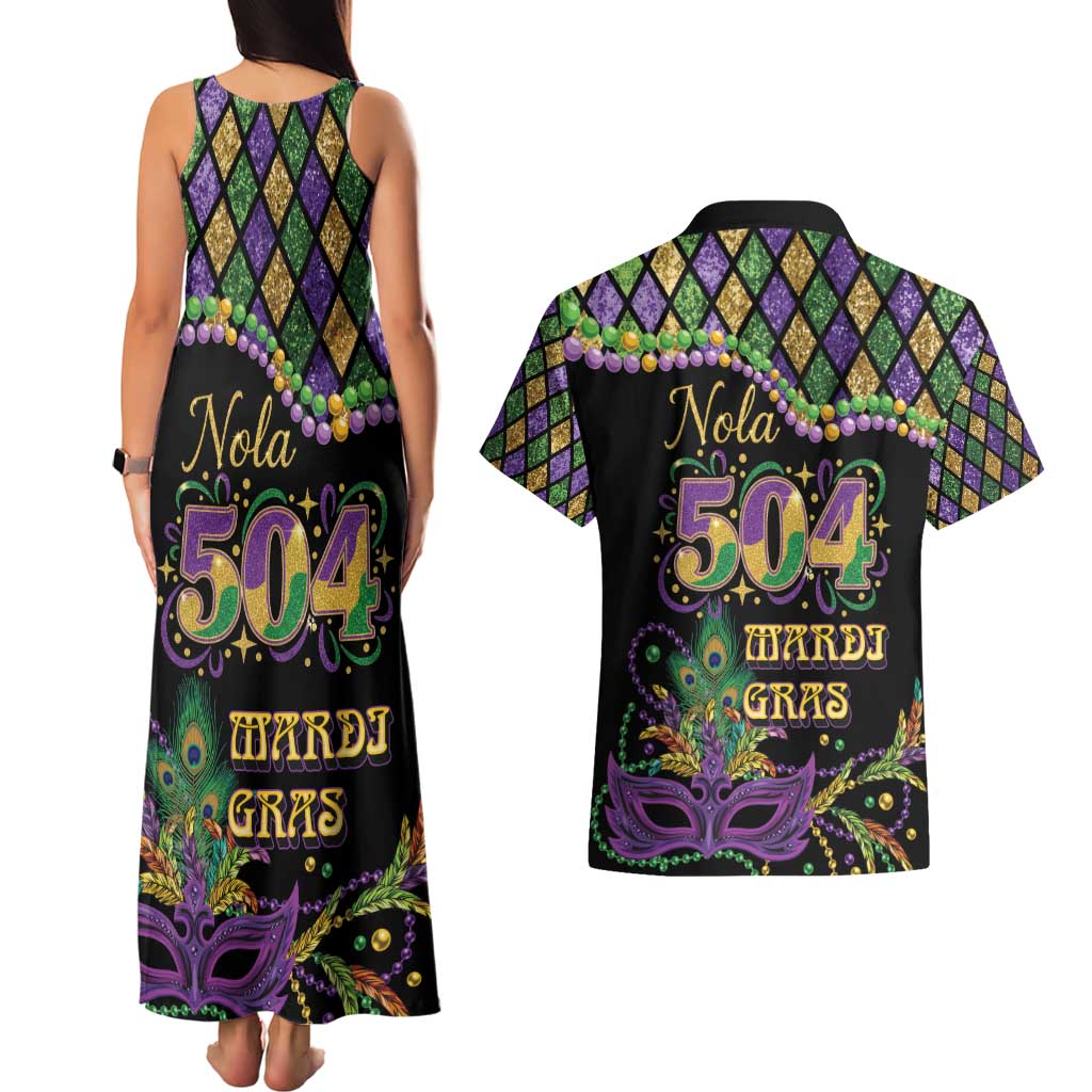 Mardi Gras 504 Nola New Orleans Couples Matching Tank Maxi Dress and Hawaiian Shirt Mask Up Beads Out - Wonder Print Shop
