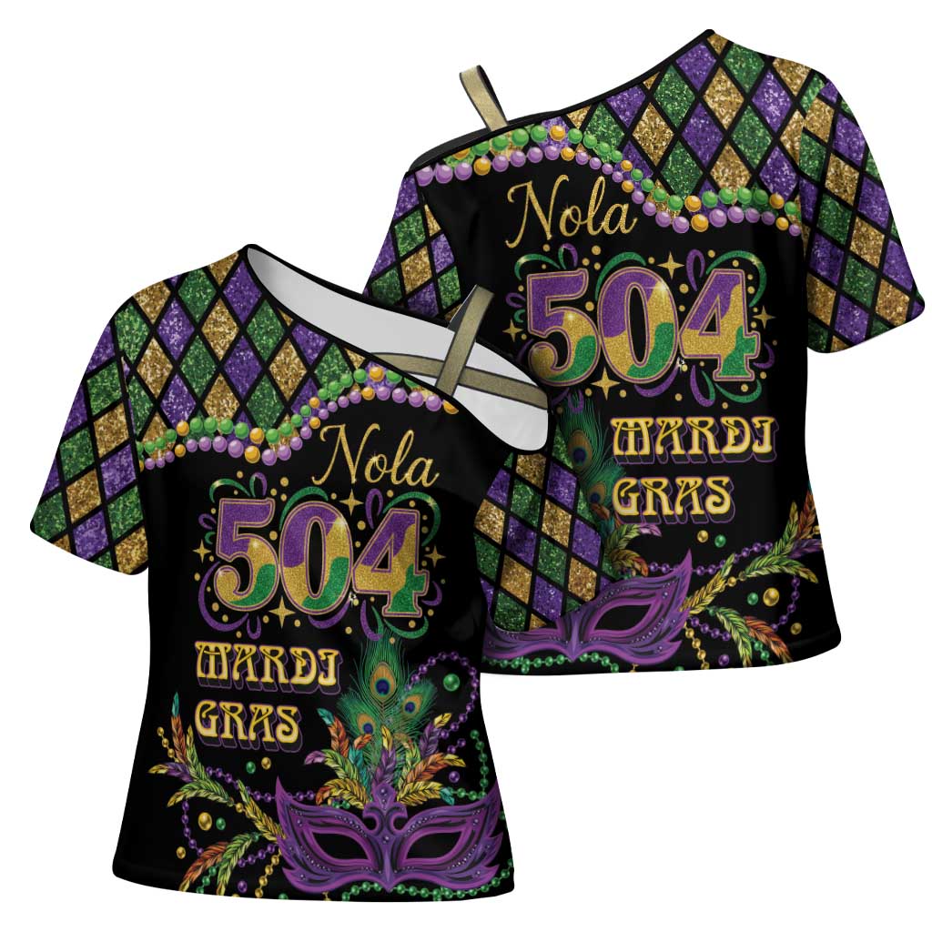 Mardi Gras 504 Nola New Orleans Cross Shoulder Shirt Mask Up Beads Out - Wonder Print Shop