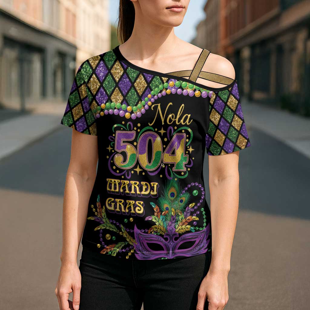 Mardi Gras 504 Nola New Orleans Cross Shoulder Shirt Mask Up Beads Out - Wonder Print Shop