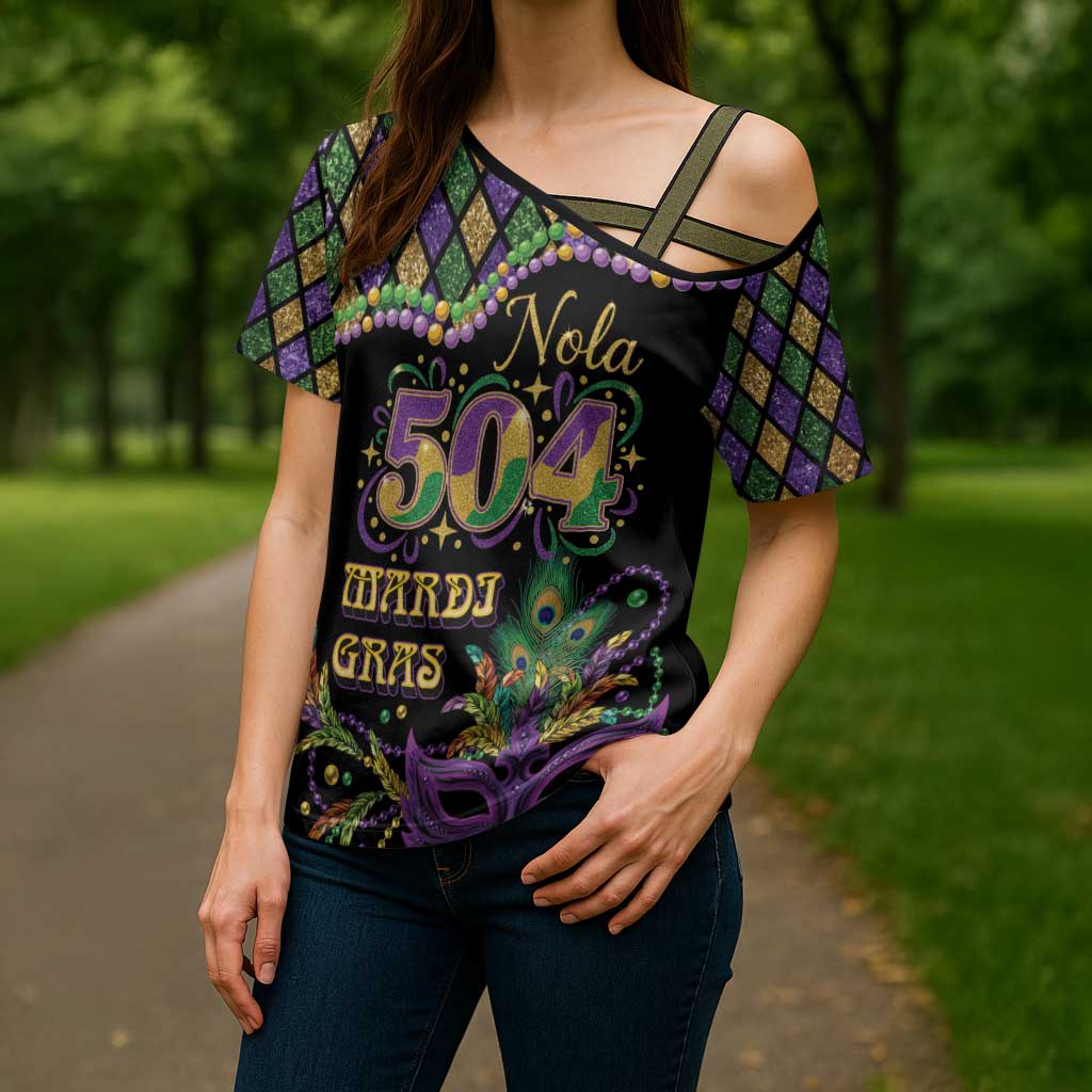 Mardi Gras 504 Nola New Orleans Cross Shoulder Shirt Mask Up Beads Out - Wonder Print Shop