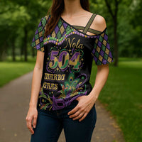 Mardi Gras 504 Nola New Orleans Cross Shoulder Shirt Mask Up Beads Out - Wonder Print Shop