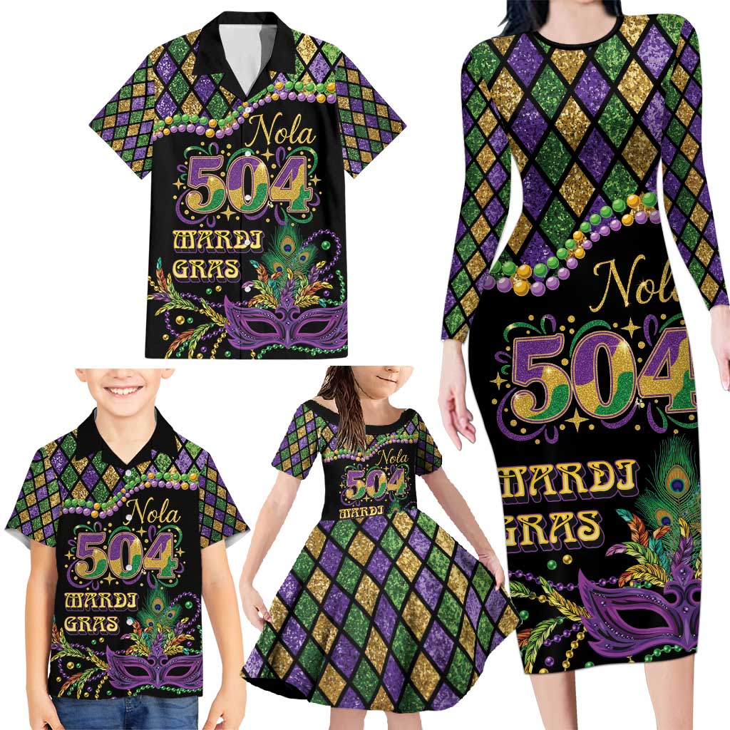 Mardi Gras 504 Nola New Orleans Family Matching Long Sleeve Bodycon Dress and Hawaiian Shirt Mask Up Beads Out - Wonder Print Shop