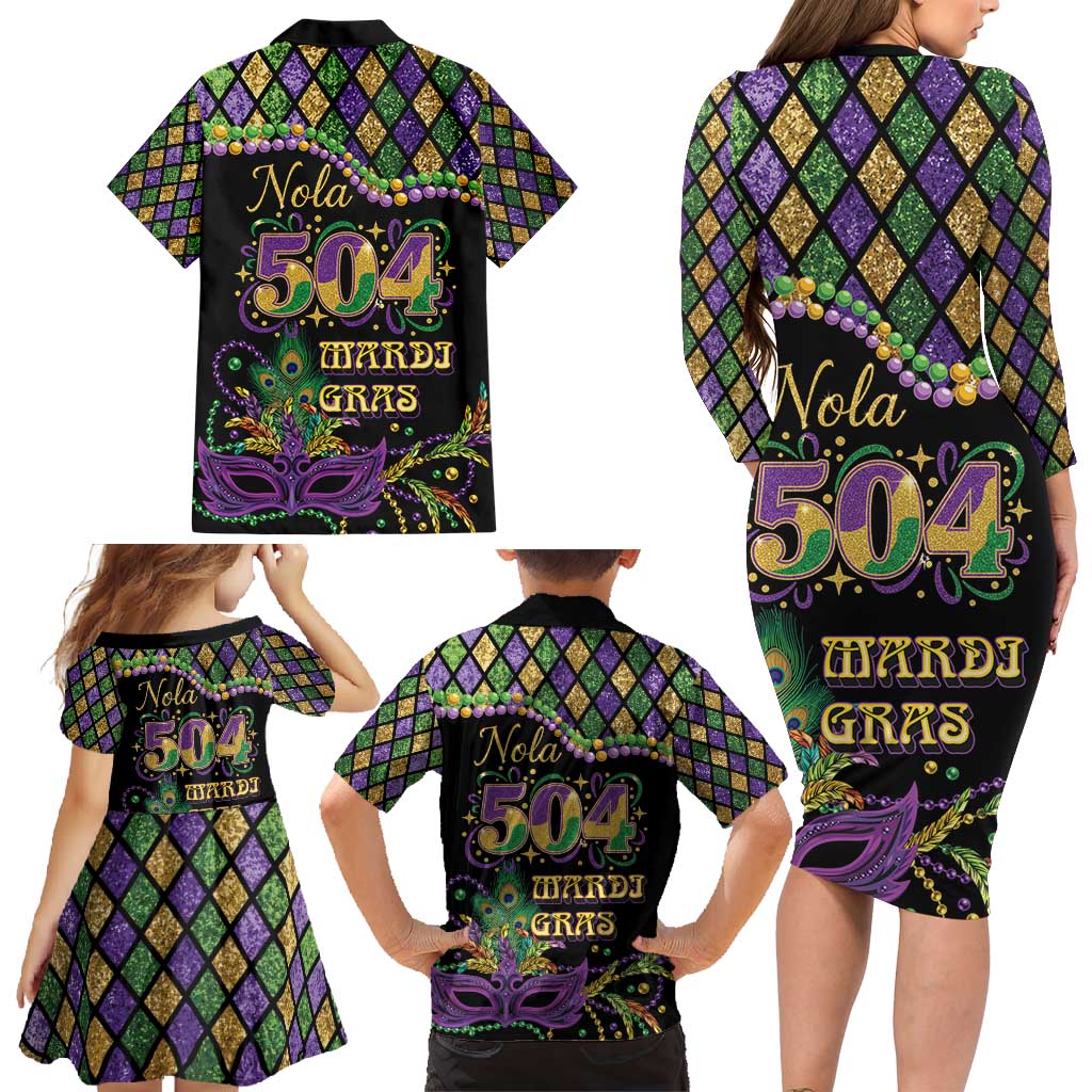 Mardi Gras 504 Nola New Orleans Family Matching Long Sleeve Bodycon Dress and Hawaiian Shirt Mask Up Beads Out - Wonder Print Shop