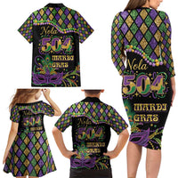 Mardi Gras 504 Nola New Orleans Family Matching Long Sleeve Bodycon Dress and Hawaiian Shirt Mask Up Beads Out - Wonder Print Shop