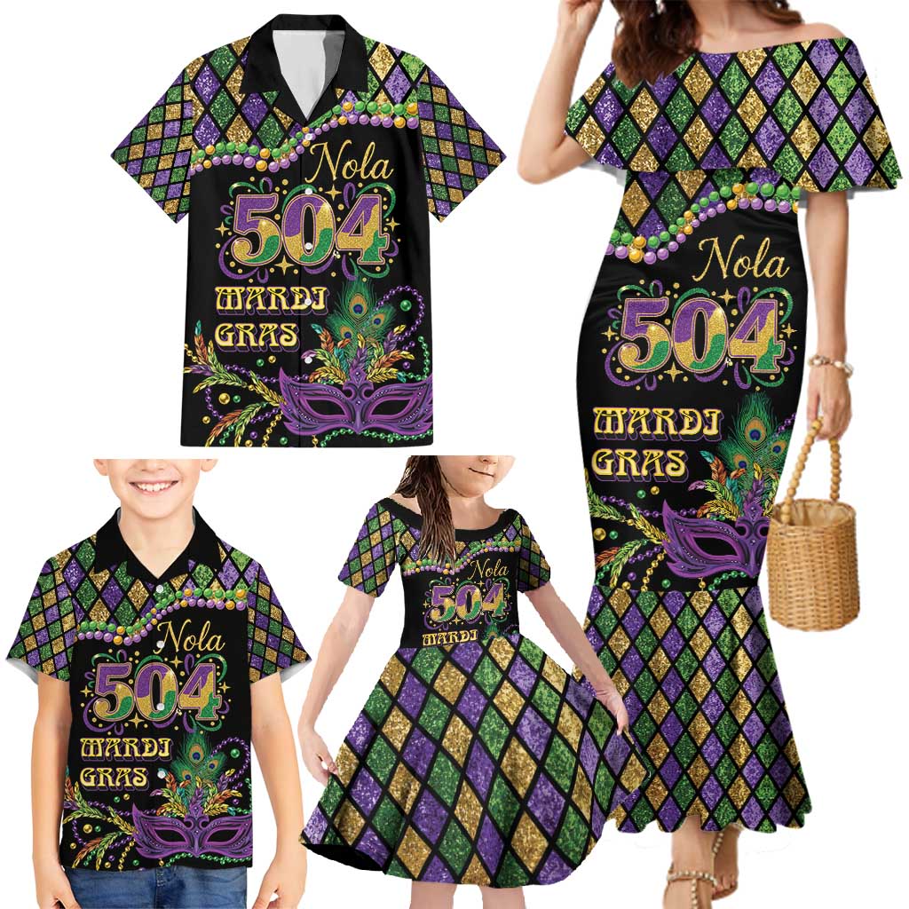 Mardi Gras 504 Nola New Orleans Family Matching Mermaid Dress and Hawaiian Shirt Mask Up Beads Out - Wonder Print Shop