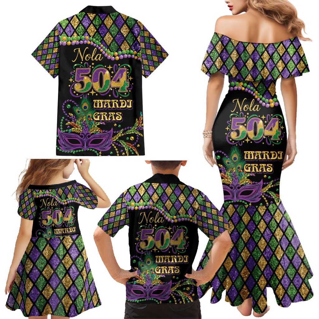 Mardi Gras 504 Nola New Orleans Family Matching Mermaid Dress and Hawaiian Shirt Mask Up Beads Out - Wonder Print Shop