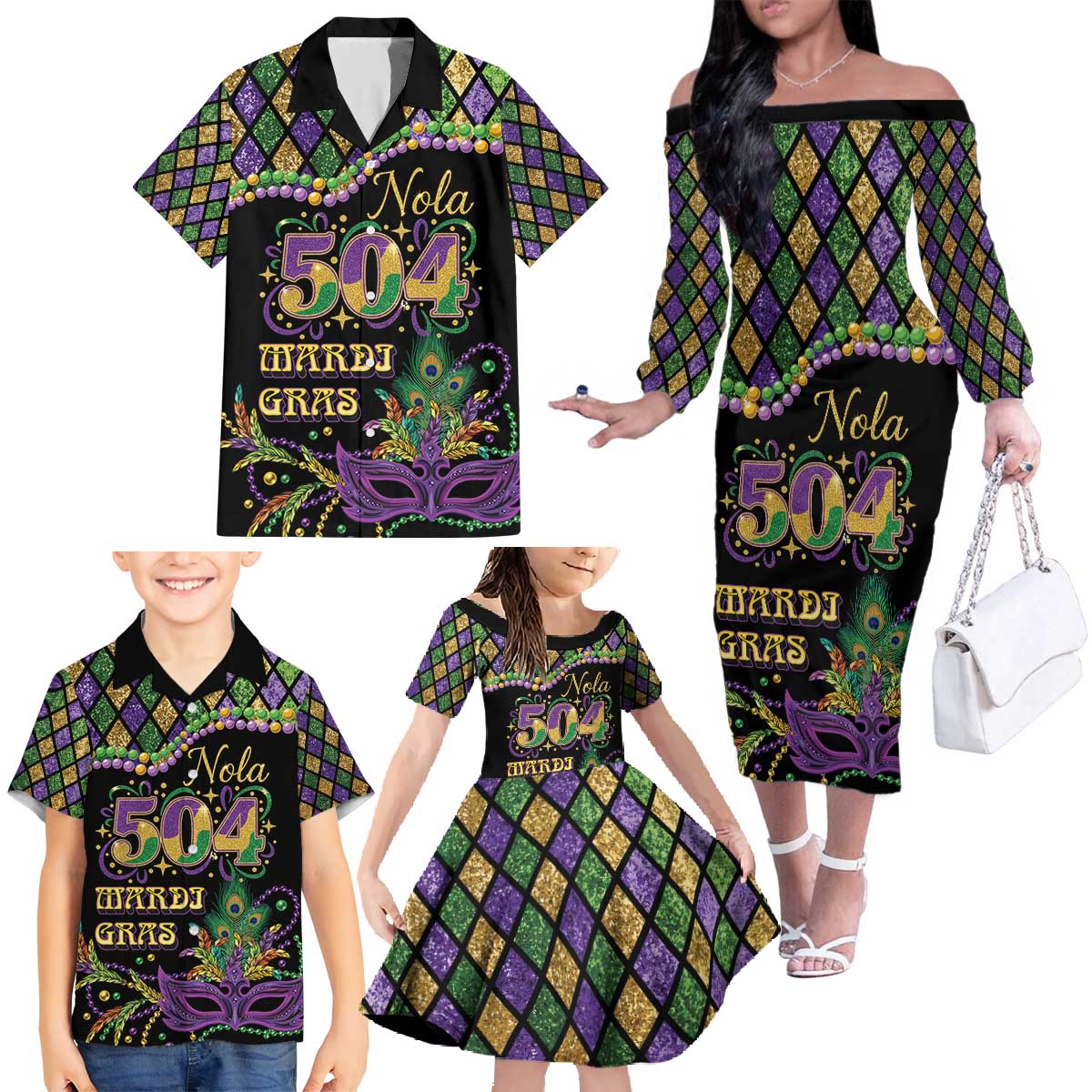 Mardi Gras 504 Nola New Orleans Family Matching Off The Shoulder Long Sleeve Dress and Hawaiian Shirt Mask Up Beads Out - Wonder Print Shop