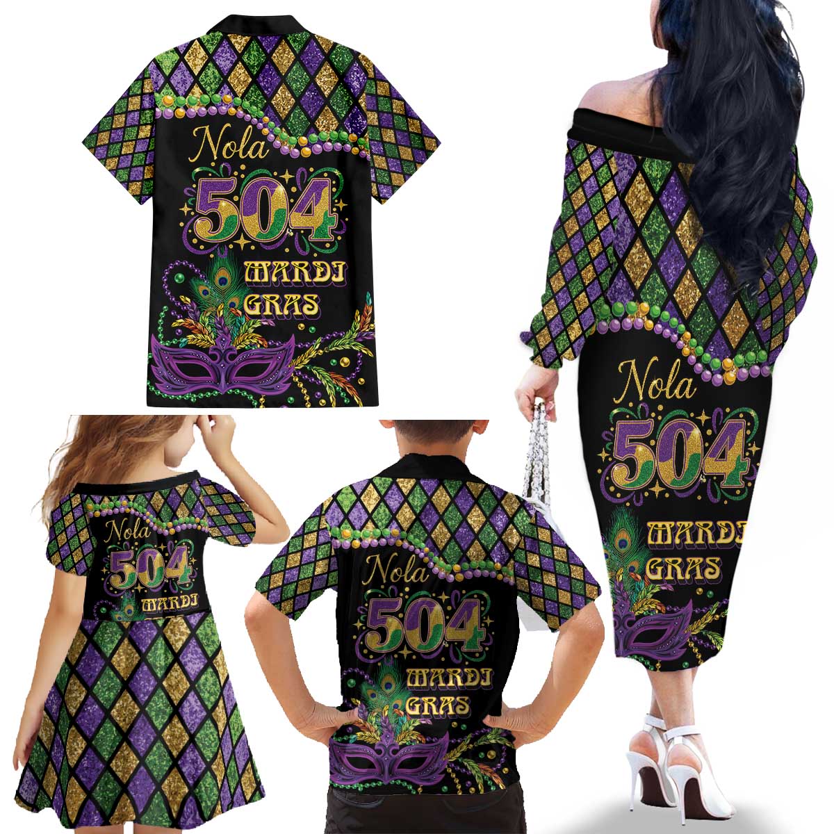 Mardi Gras 504 Nola New Orleans Family Matching Off The Shoulder Long Sleeve Dress and Hawaiian Shirt Mask Up Beads Out - Wonder Print Shop
