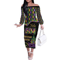 Mardi Gras 504 Nola New Orleans Family Matching Off The Shoulder Long Sleeve Dress and Hawaiian Shirt Mask Up Beads Out - Wonder Print Shop