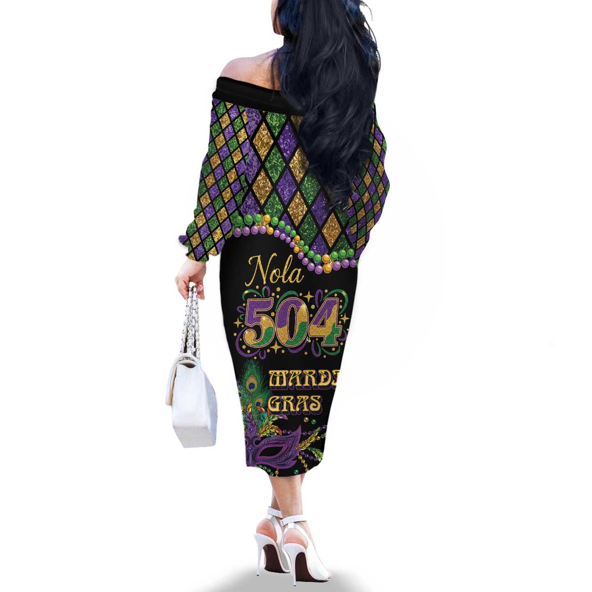 Mardi Gras 504 Nola New Orleans Family Matching Off The Shoulder Long Sleeve Dress and Hawaiian Shirt Mask Up Beads Out - Wonder Print Shop