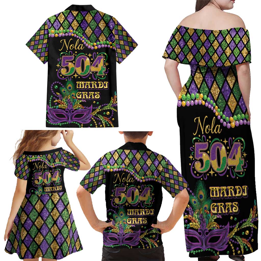 Mardi Gras 504 Nola New Orleans Family Matching Off Shoulder Maxi Dress and Hawaiian Shirt Mask Up Beads Out - Wonder Print Shop