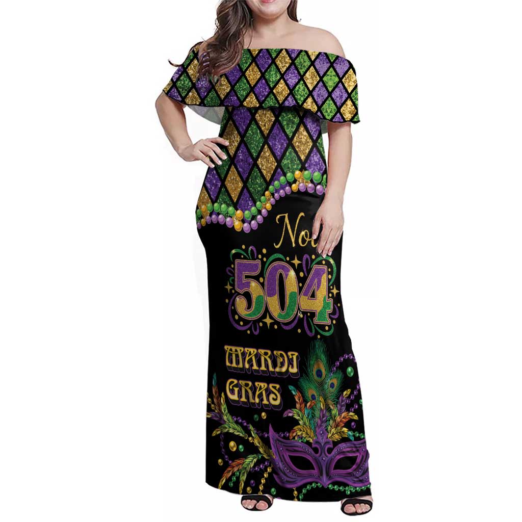 Mardi Gras 504 Nola New Orleans Family Matching Off Shoulder Maxi Dress and Hawaiian Shirt Mask Up Beads Out - Wonder Print Shop