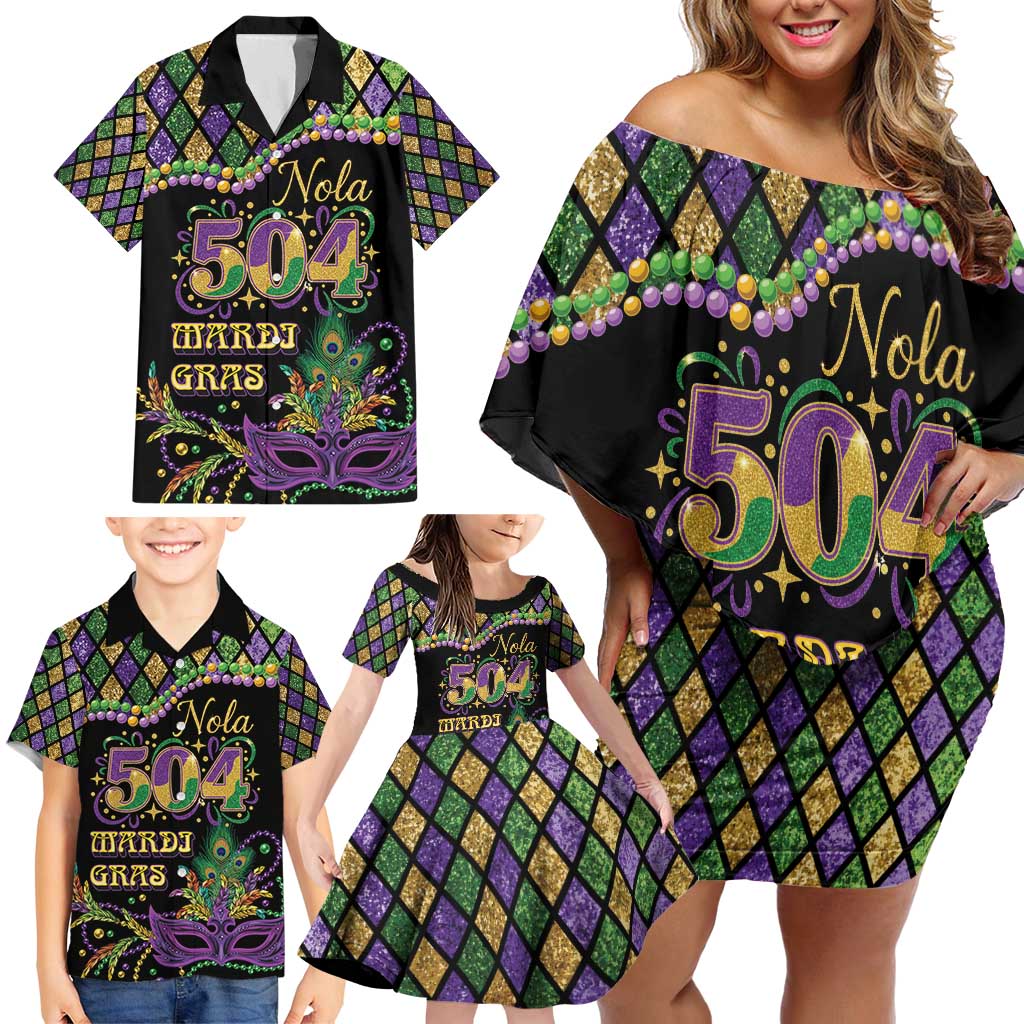 Mardi Gras 504 Nola New Orleans Family Matching Off Shoulder Short Dress and Hawaiian Shirt Mask Up Beads Out - Wonder Print Shop