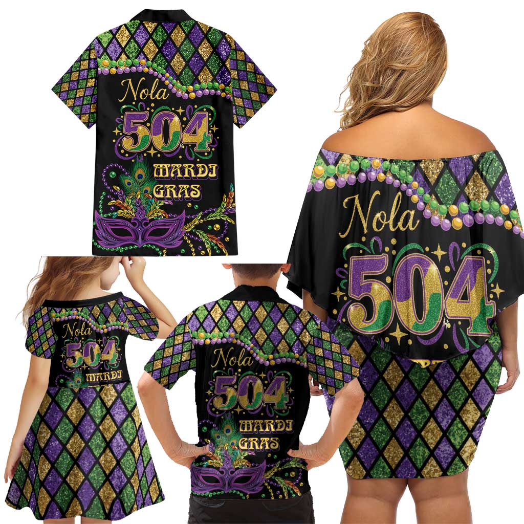 Mardi Gras 504 Nola New Orleans Family Matching Off Shoulder Short Dress and Hawaiian Shirt Mask Up Beads Out - Wonder Print Shop