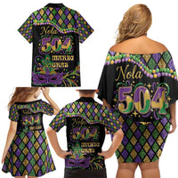 Mardi Gras 504 Nola New Orleans Family Matching Off Shoulder Short Dress and Hawaiian Shirt Mask Up Beads Out - Wonder Print Shop