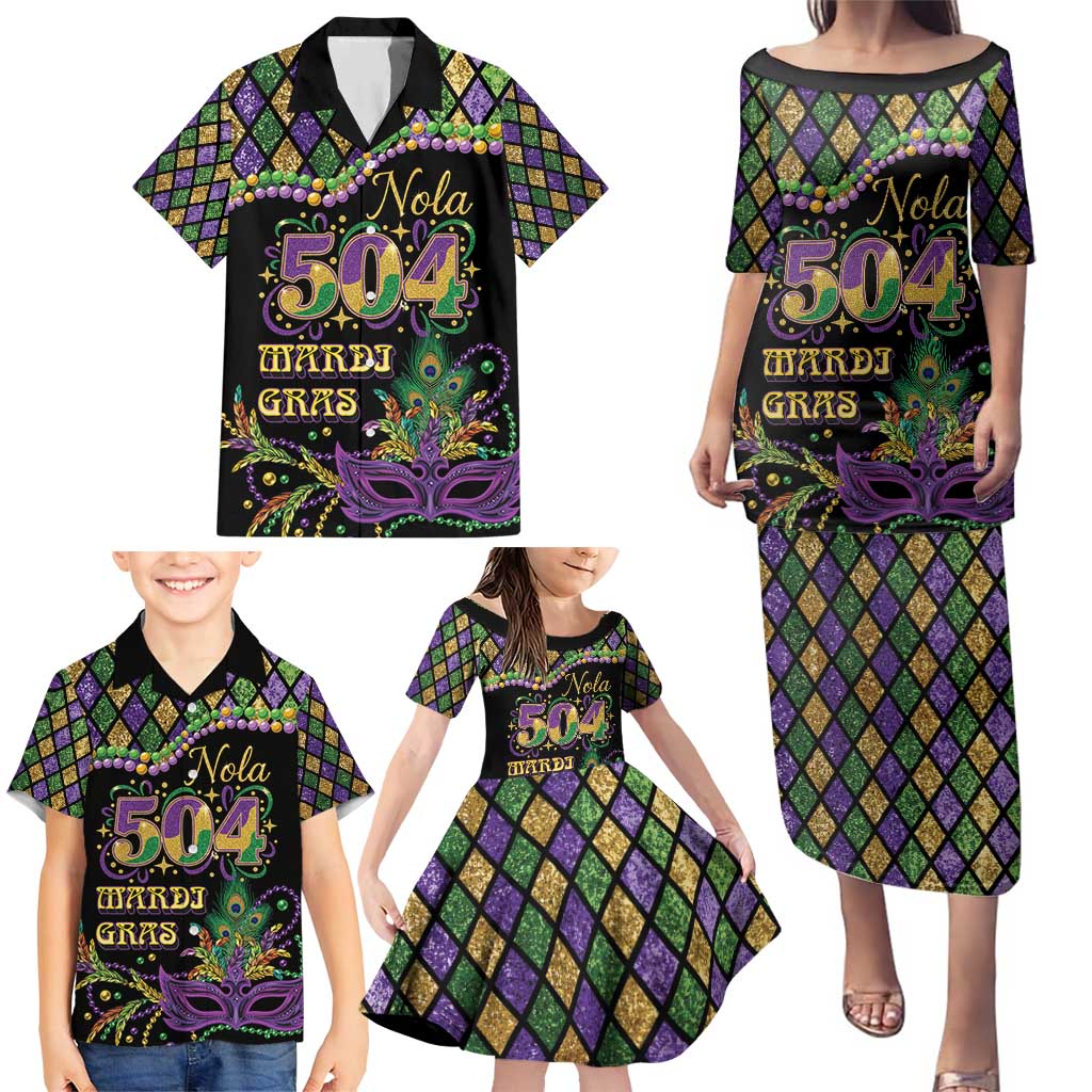 Mardi Gras 504 Nola New Orleans Family Matching Puletasi and Hawaiian Shirt Mask Up Beads Out - Wonder Print Shop