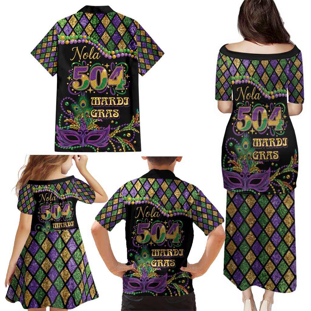 Mardi Gras 504 Nola New Orleans Family Matching Puletasi and Hawaiian Shirt Mask Up Beads Out - Wonder Print Shop