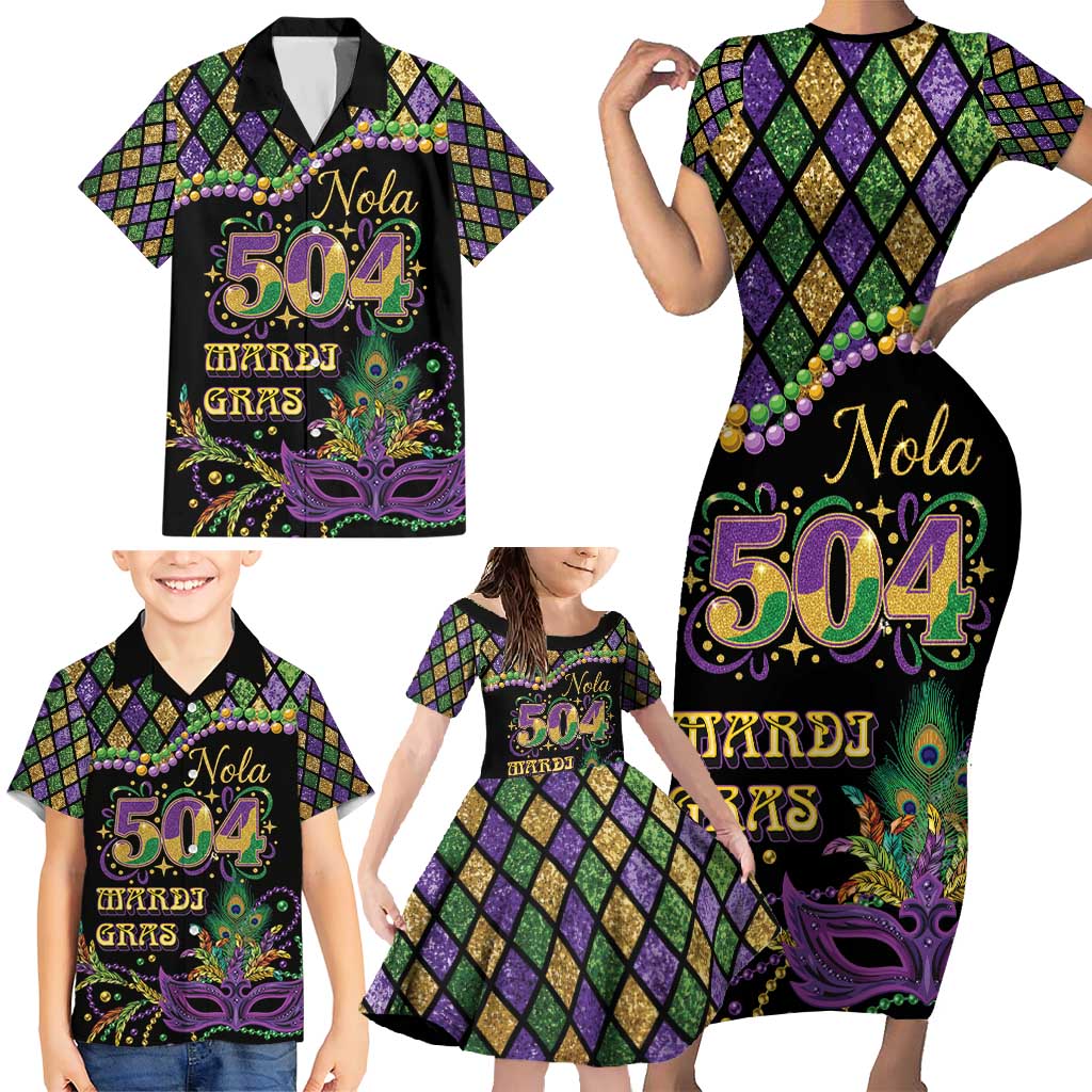 Mardi Gras 504 Nola New Orleans Family Matching Short Sleeve Bodycon Dress and Hawaiian Shirt Mask Up Beads Out - Wonder Print Shop