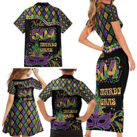 Mardi Gras 504 Nola New Orleans Family Matching Short Sleeve Bodycon Dress and Hawaiian Shirt Mask Up Beads Out - Wonder Print Shop