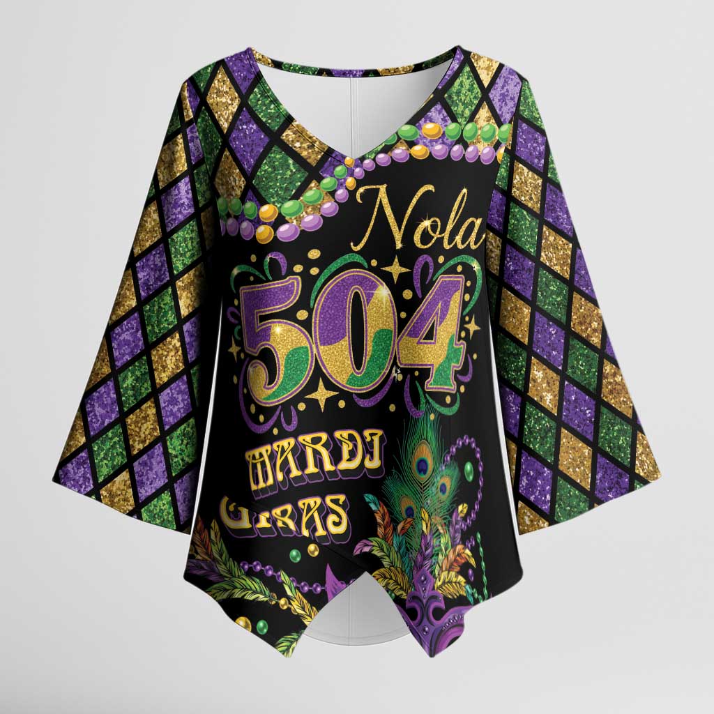 Mardi Gras 504 Nola New Orleans Kimono Sleeve Blouse Mask Up Beads Out - Wonder Print Shop
