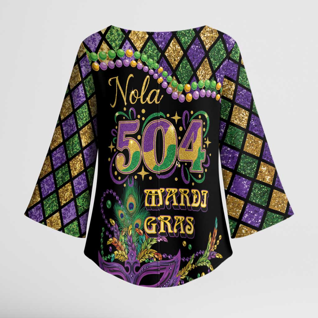 Mardi Gras 504 Nola New Orleans Kimono Sleeve Blouse Mask Up Beads Out - Wonder Print Shop