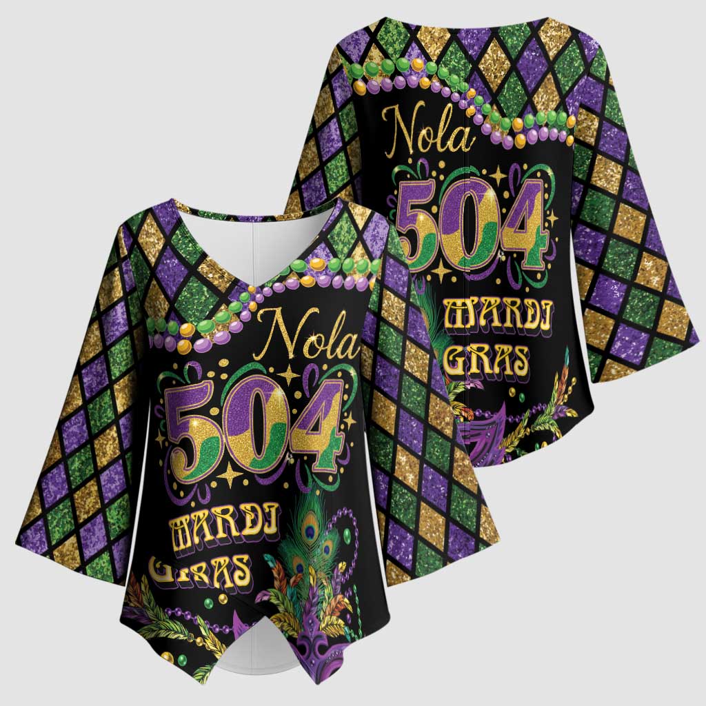 Mardi Gras 504 Nola New Orleans Kimono Sleeve Blouse Mask Up Beads Out - Wonder Print Shop