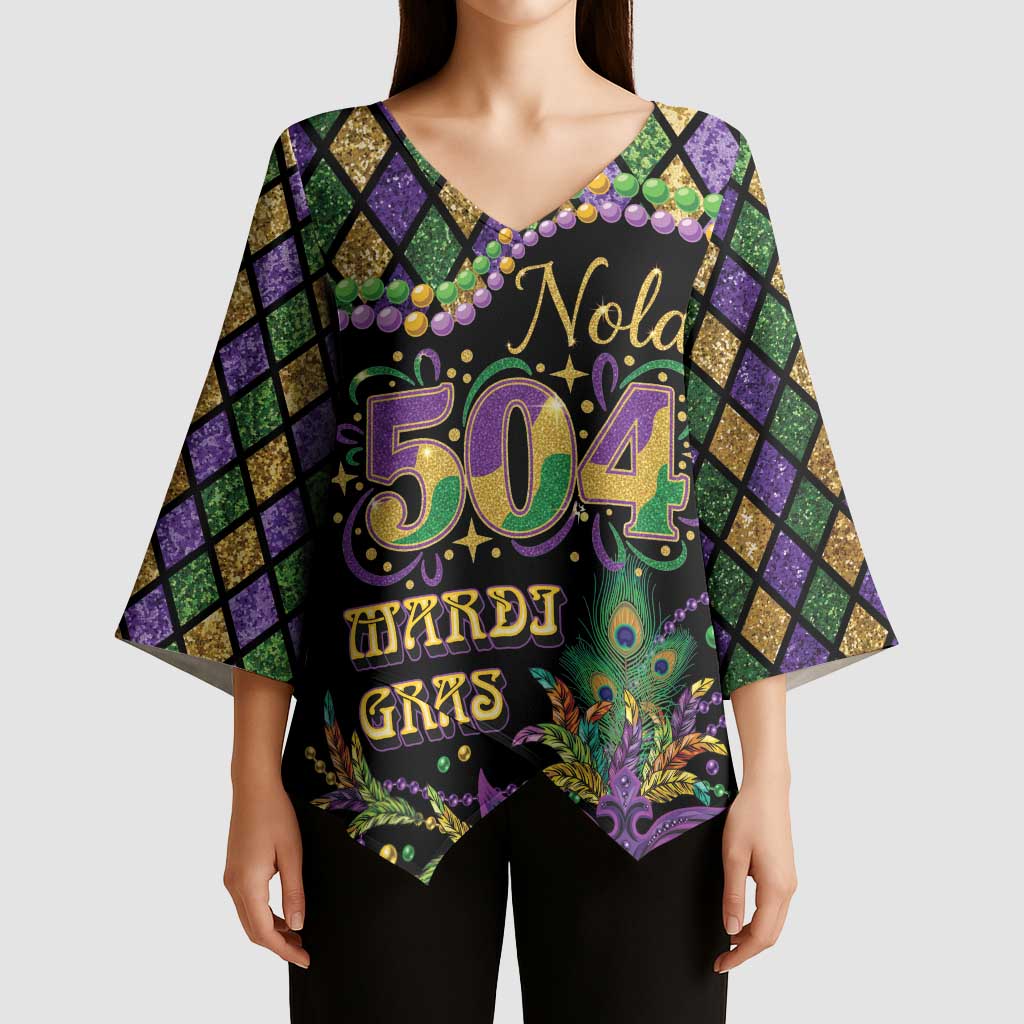 Mardi Gras 504 Nola New Orleans Kimono Sleeve Blouse Mask Up Beads Out - Wonder Print Shop