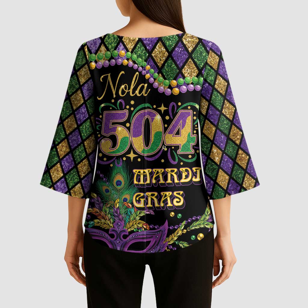 Mardi Gras 504 Nola New Orleans Kimono Sleeve Blouse Mask Up Beads Out - Wonder Print Shop