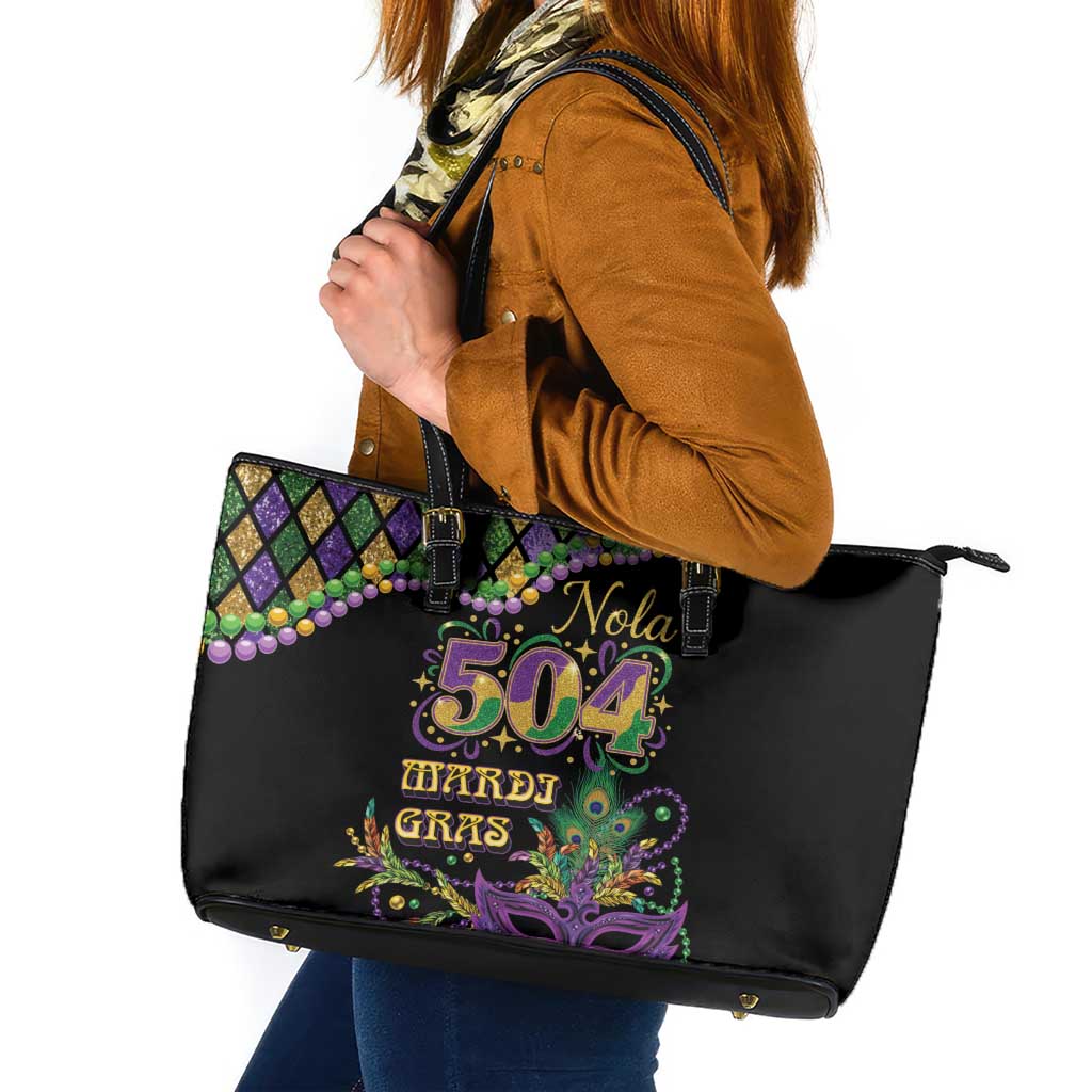 Mardi Gras 504 Nola New Orleans Leather Tote Bag Mask Up Beads Out - Wonder Print Shop