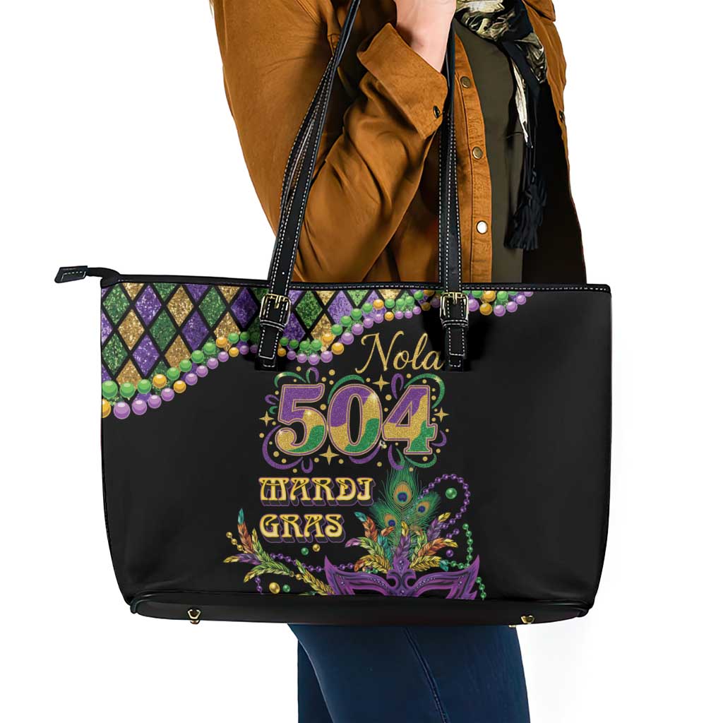 Mardi Gras 504 Nola New Orleans Leather Tote Bag Mask Up Beads Out - Wonder Print Shop