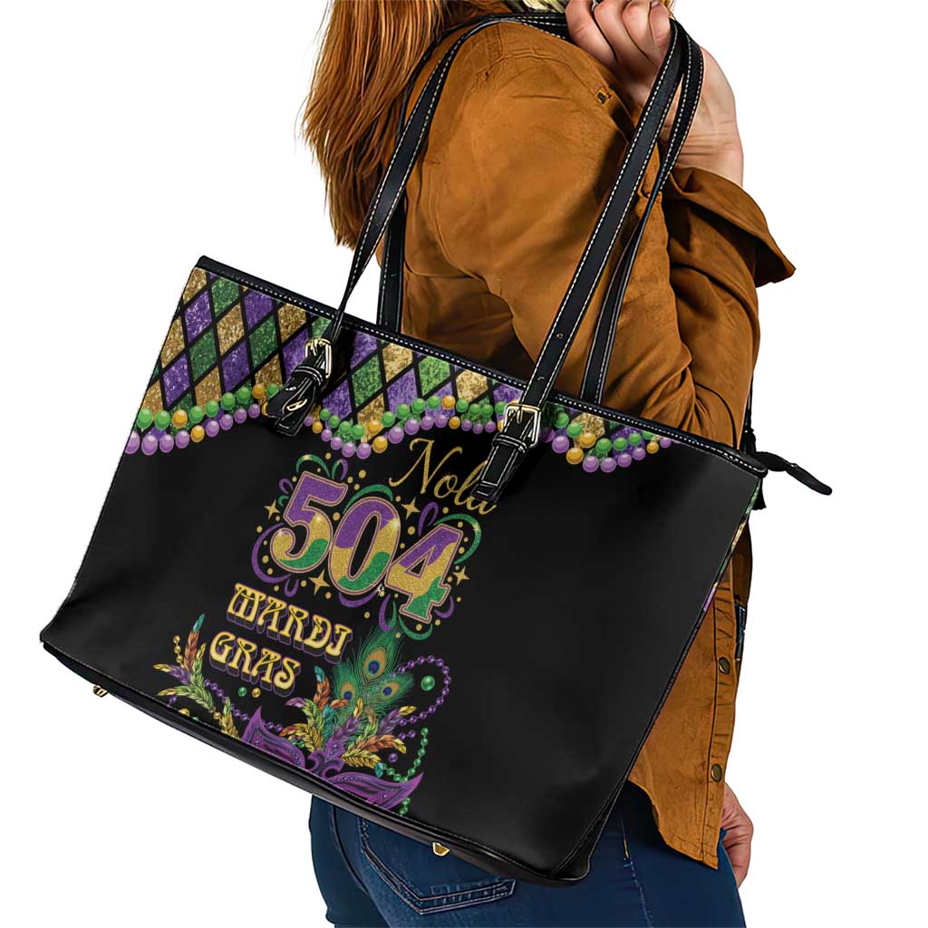 Mardi Gras 504 Nola New Orleans Leather Tote Bag Mask Up Beads Out - Wonder Print Shop