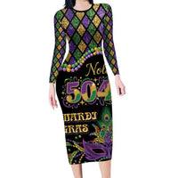 Mardi Gras 504 Nola New Orleans Long Sleeve Bodycon Dress Mask Up Beads Out - Wonder Print Shop