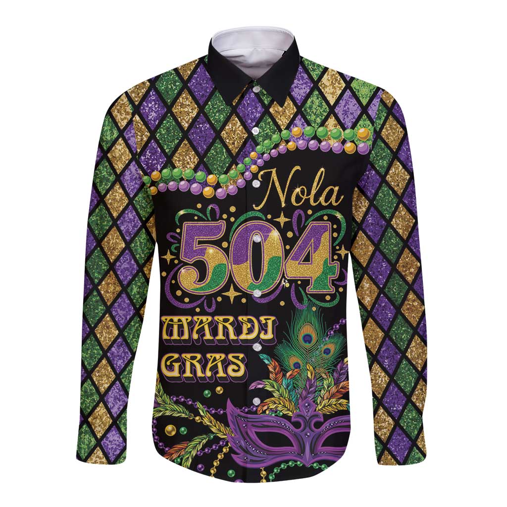 Mardi Gras 504 Nola New Orleans Long Sleeve Button Shirt Mask Up Beads Out - Wonder Print Shop