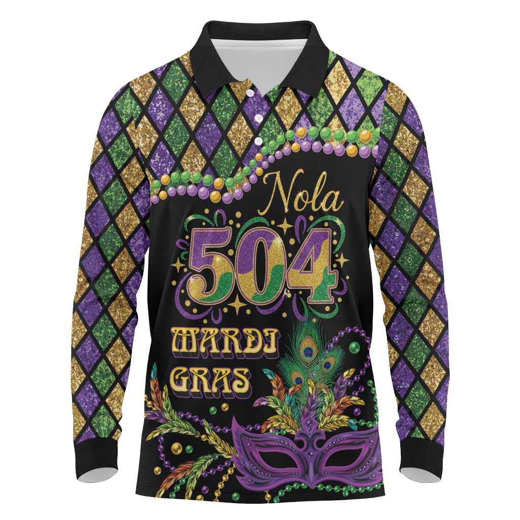 Mardi Gras 504 Nola New Orleans Long Sleeve Polo Shirt Mask Up Beads Out - Wonder Print Shop