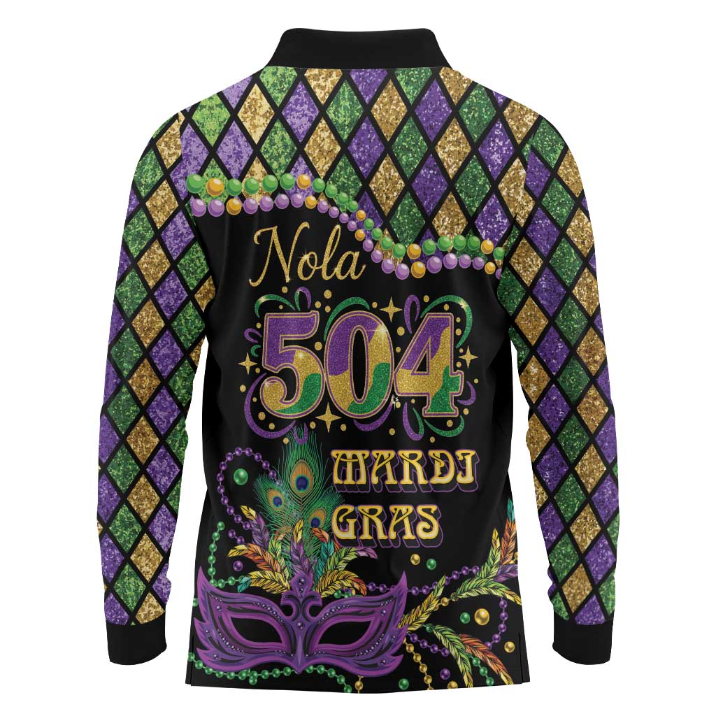 Mardi Gras 504 Nola New Orleans Long Sleeve Polo Shirt Mask Up Beads Out - Wonder Print Shop