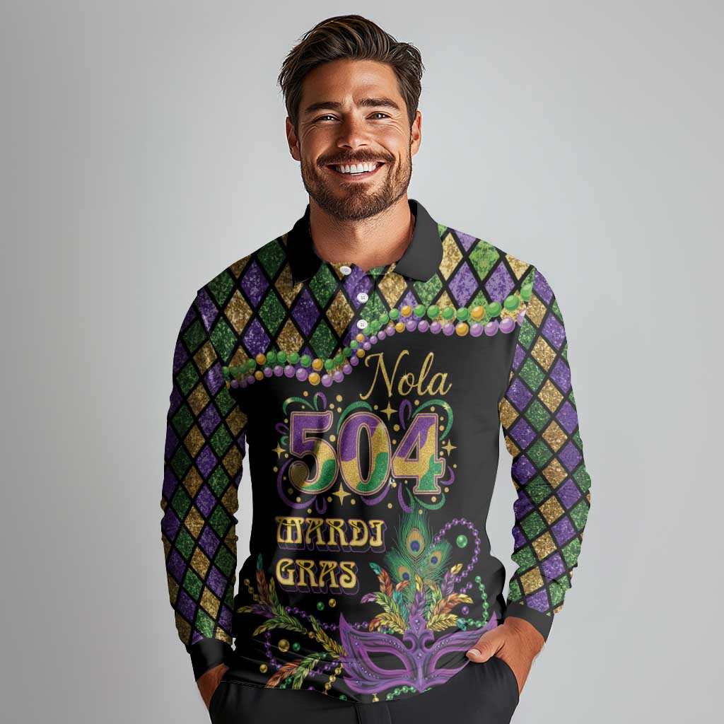 Mardi Gras 504 Nola New Orleans Long Sleeve Polo Shirt Mask Up Beads Out - Wonder Print Shop