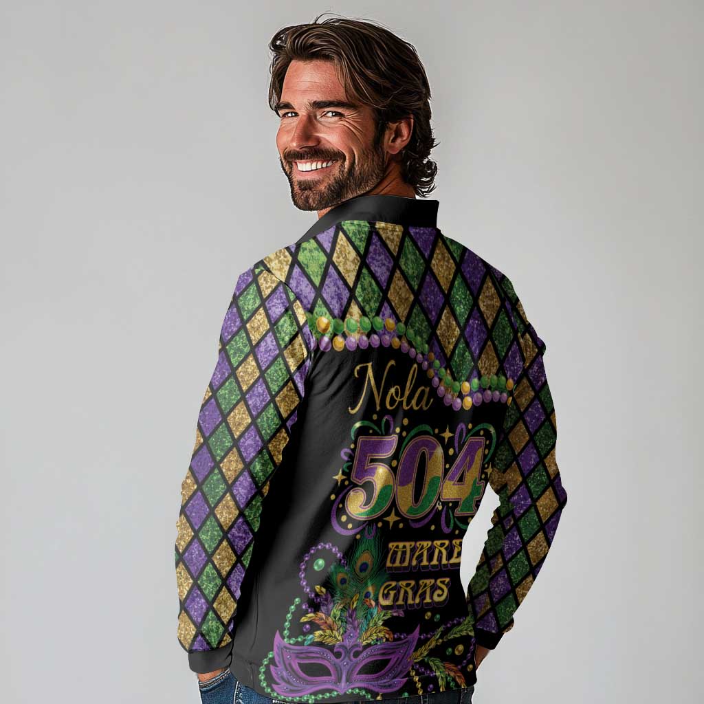 Mardi Gras 504 Nola New Orleans Long Sleeve Polo Shirt Mask Up Beads Out - Wonder Print Shop