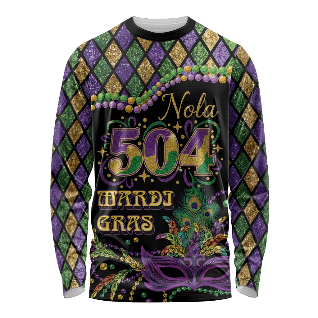 Mardi Gras 504 Nola New Orleans Long Sleeve Shirt Mask Up Beads Out - Wonder Print Shop
