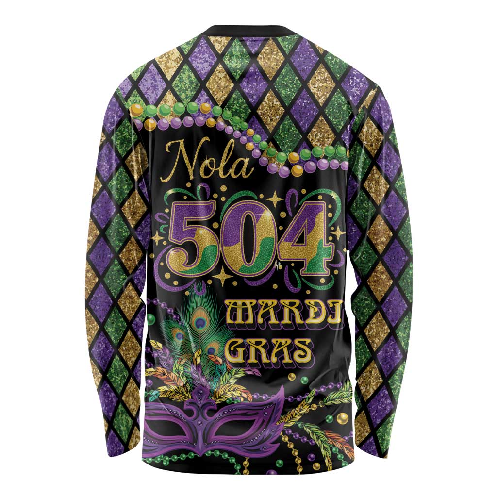 Mardi Gras 504 Nola New Orleans Long Sleeve Shirt Mask Up Beads Out - Wonder Print Shop